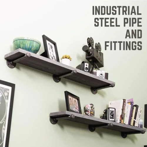 Miniatura 3 de Pipe Decor Soportes industriales para estantes – Juego de dos, accesorios industriales de acero gris hierro, bridas y tubos para estantes flotantes