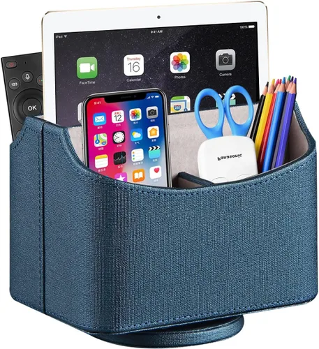 Miniatura 15 de YAPISHI Soporte para control remoto de cuero antiguo, caja giratoria de 360 grados para escritorio, organizador de mesa de noche para control