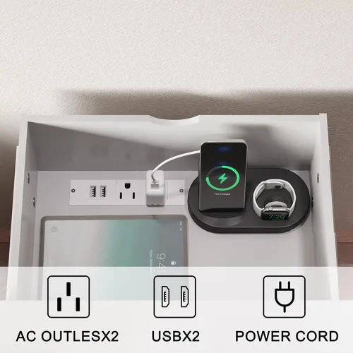 Miniatura 7 de YESHOMY Mesita de noche con luz LED y estación de carga, mesa auxiliar con 2 cajones, mesita de noche con gran capacidad, para dormitorio, juego
