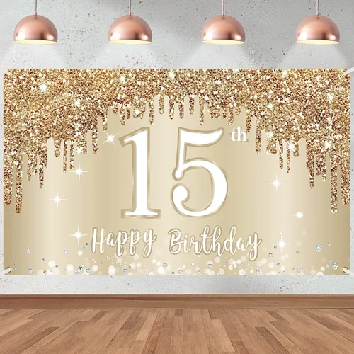 Cartel de feliz cumpleaños 15 para niñas, decoración de fondo de cumpleaños dorado y blanco con texto en inglés "Sweet 15", póster de fondo para