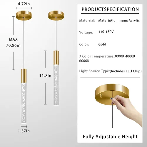 Miniatura 4 de Moderna lámpara colgante dorada, 1 luz LED colgante de 3 colores, cable acrílico, luces colgantes de techo ajustables para cocina, isla, sala
