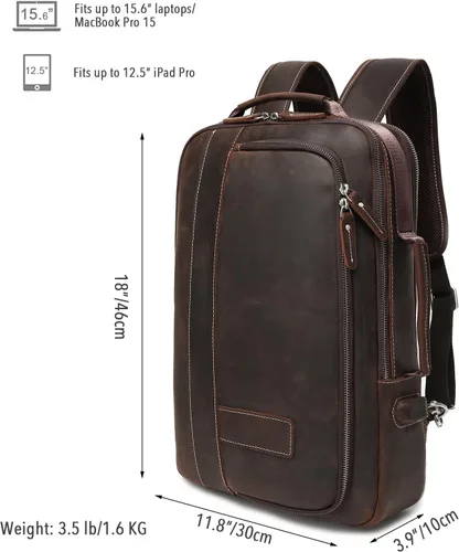 Miniatura 6 de Lannsyne Mochila de cuero de grano completo expandible 15.6 para computadora portátil, bolsa de viaje de hombro marrón, Marrón, L, Portátil