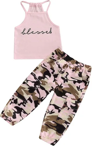 Mandizy Conjunto de ropa de otoño para bebé niña pequeña, sudadera de manga larga con estampado de letras bendecidas, pantalones de camuflaje