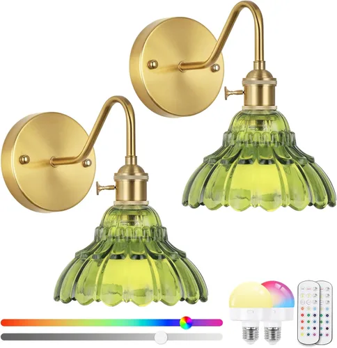 Juego de dos apliques de pared vintage que funcionan con pilas, para interiores, no cableados, de latón y cristal verde, luces de pared RGB