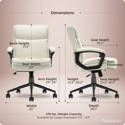 Miniatura 3 de Transform 2.0 Silla de oficina ergonómica, silla de escritorio con respaldo medio con brazos acolchados, soporte lumbar, altura ajustable, Blanco