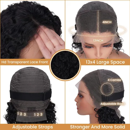 Miniatura 4 de Pelucas con malla frontal de onda profunda 13x4, cabello humano pre-sacado, 180% de densidad, 9A, sin pegamento, pelucas de cabello humano mojadas