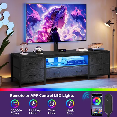 Miniatura 3 de Soporte de TV para TV de 80 pulgadas con soporte, centro de entretenimiento LED con cajones de tela y tomas de corriente, consola multimedia