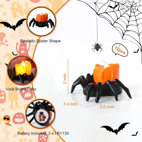Miniatura 2 de YBB 12 velas de té de araña de Halloween, novedosas velas LED sin llama, funciona con pilas, lámparas de té naranja para fiesta de Halloween, mesa
