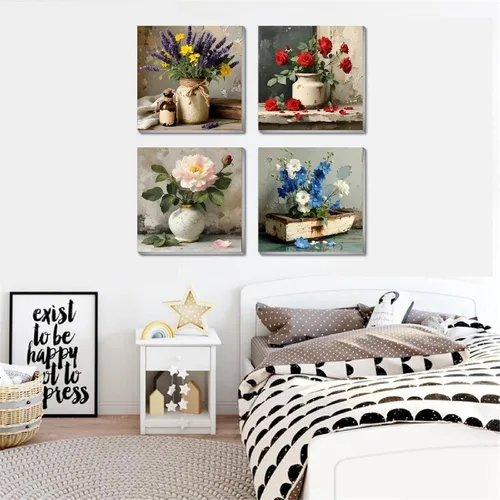 Miniatura 5 de FQOVKYN Paquete de 4 marcos con flores para pintar por números para adultos, kit DIY de artista para pintar por números de jarrón en lienzo, kit