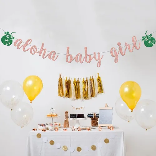 Miniatura 7 de Banner de Aloha con purpurina de oro rosa para bebé, decoración de fiesta de baby shower, temática tropical, decoración de revelación de género