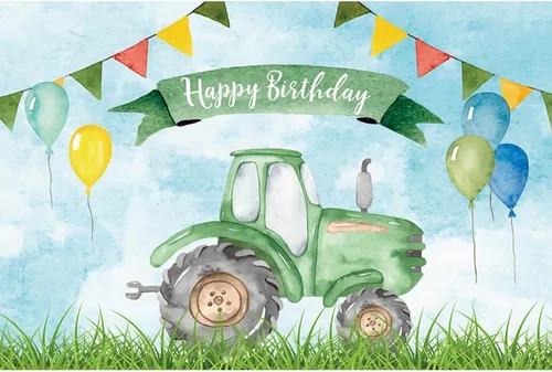 Miniatura 3 de Telón de fondo de cumpleaños de tractor verde de granja de 5 x 3 pies para decoración de fiesta de cumpleaños de niños, fondo de fotografía, globo