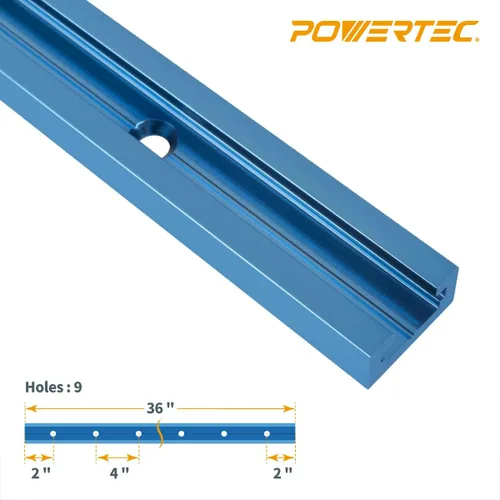 Miniatura 2 de POWERTEC 71066 - Riel en T universal de perfil de doble corte de 36 pulgadas con agujeros de montaje preperforados, 1PK, riel en T para plantillas