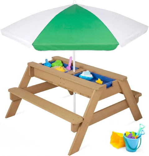 Miniatura 15 de Best Choice Products Mesa de arena y agua 3 en 1 para niños, mesa de picnic convertible de madera para exteriores con paraguas, 2 bandejas, parte