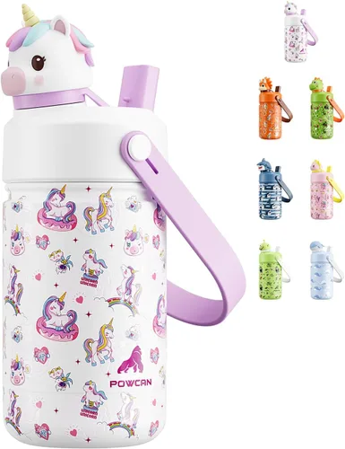 Miniatura 20 de POWCAN 12 oz Insulated Water Bottle for School: 2-in-1 Straw Spout Lid with Soft Animal Head, BPA-Free, Leakproof, Keep Cold 24H, Easy Carry