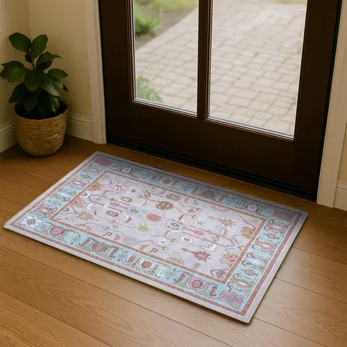 Miniatura 33 de Fame Living Alfombra Oushak Crema Azul, Alfombras Pequeñas Modernas, Vintage, Turca, Ecléctica, Floral, Pastel, Lavable, Tapete para Puerta, Felpudo