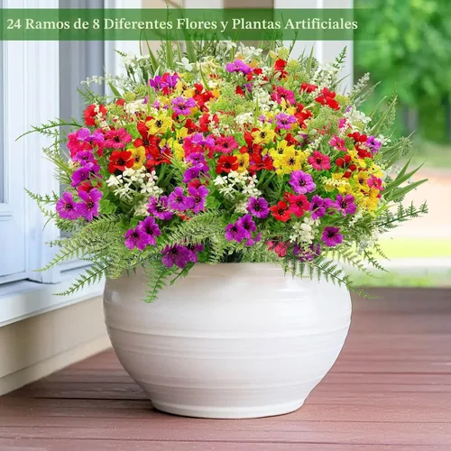 Miniatura 7 de 24 paquetes de 8 estilos de flores artificiales para exteriores, resistentes a los rayos UV, flores falsas de plástico sintético, coloridas