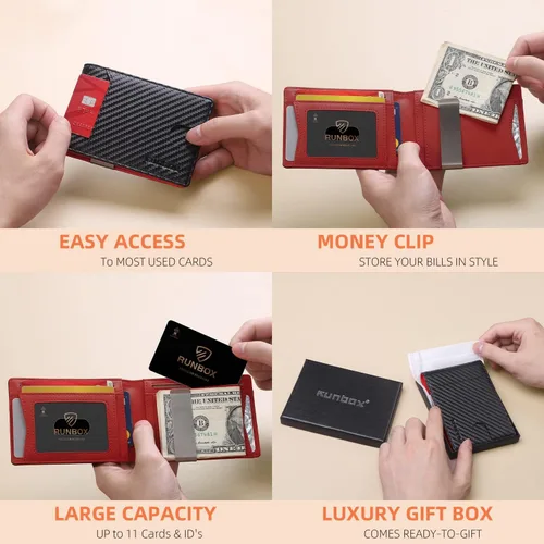 Miniatura 10 de RUNBOX - Carteras delgadas para hombre, cartera de piel con pinza para el dinero, cartera de bolsillo frontal con bloqueo RFID, tarjetero