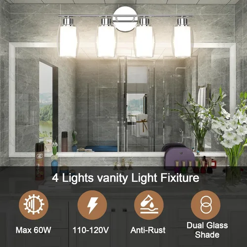 Miniatura 6 de Aipsun Lámpara de baño con 4 luces, luces cromadas arriba y abajo, modernas luces de bahthroom con vidrio transparente y vidrio esmerilado, luces