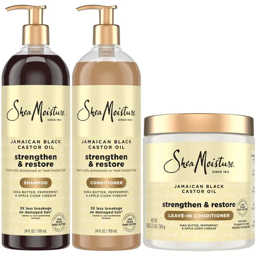 SheaMoisture Aceite de Ricino Negro Jamaicano Champú Reparador para Fortalecer y Restaurar el Cabello, Acondicionador + Acondicionador sin Enjuague,
