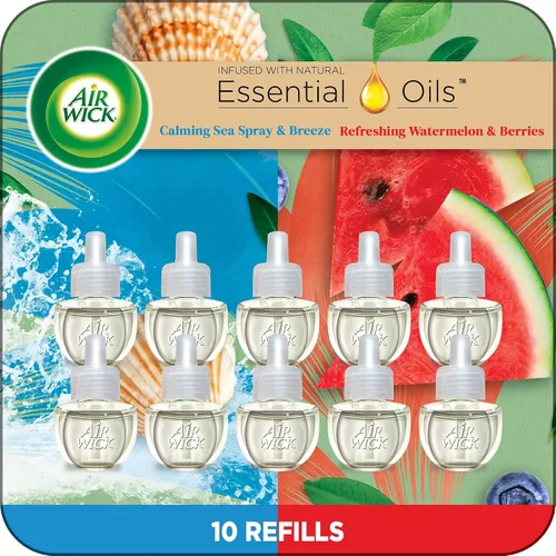 Air Wick - Repuesto de aceite perfumado enchufable, 10 unidades, brisa marina calmante y sandía fresca, ambientador, aceites esenciales