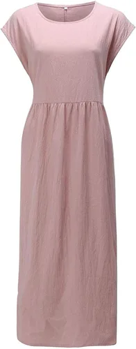 Miniatura 3 de Vestido de lino y algodón para mujer, para verano, playa, casual, holgado, sin mangas, cuello redondo, holgado, con bolsillos