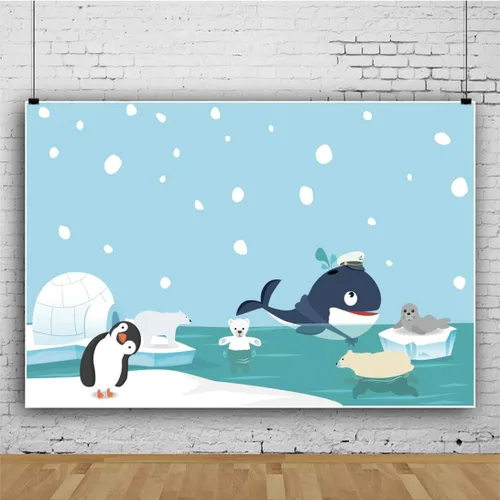 Miniatura 3 de Renaiss Telón de fondo de pingüino de dibujos animados de 5 x 3 pies para fotografía, lindo animal, oso, cueva de hielo, copo de nieve de invierno