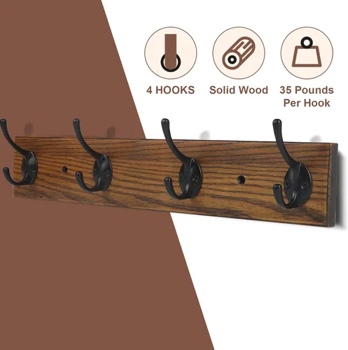Miniatura 4 de Perchero Montado en la Pared, Perchero de Pared con 4 Ganchos Rústicos para Abrigos, Riel de Perchero de Madera de Fresno de 17" para Entrada