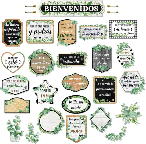 Pasimy 24 carteles inspiradores en español Bienvenidos para el aula, carteles motivacionales de eucalipto, juego de tablones de anuncios para