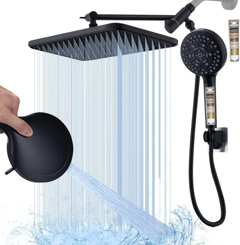 Miniatura 2 de Cabezal de ducha grande con filtro de alta presión negro con mano, cabezal de ducha de lluvia de 14 pulgadas y 10 pulverizadores de mano con filtro