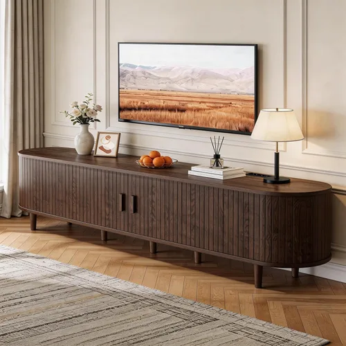 Miniatura 10 de Soporte de TV moderno de mediados de siglo de 58 pulgadas con toma de corriente, centro de entretenimiento acanalado con almacenamiento y estantes