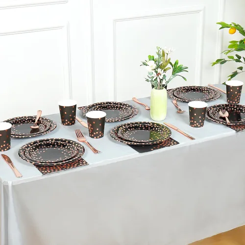 Miniatura 7 de 175 piezas de suministros de fiesta de color negro y oro rosa, lunares de oro rosa en platos de papel negro, servilletas y vasos, juegos de vajilla