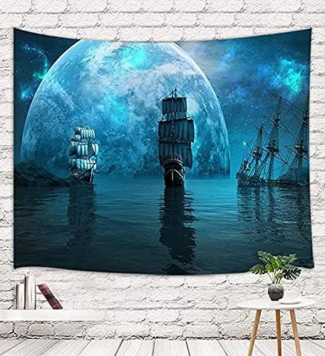 Miniatura 5 de Tapiz de pared para decoración de navegación de barco pirata, dos veleros y un enorme planeta azul en la noche de la galaxia mística, manta