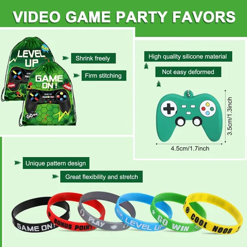 Miniatura 3 de Nosiny 72 bolsas con cordón para fiestas de videojuegos, bolsas con cordón para videojuegos, pulseras de silicona, llavero, recompensas en el aula