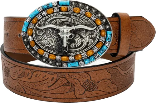 UTOWO Cinturón vintage de cuero de vaquero para hombre, hebilla de cabeza de ganado, cinturón de vaquera, color marrón toro floral, cinturón grabado