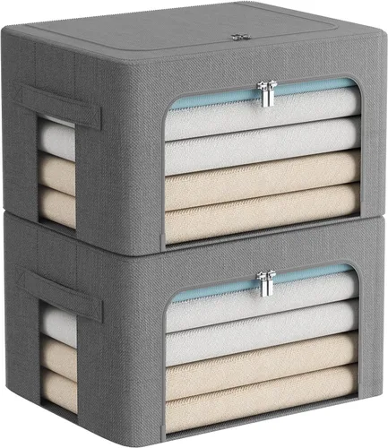 Miniatura 13 de FHSQX Paquete de 2 contenedores de almacenamiento de ropa apilables, caja de almacenamiento con marco de metal, organizador plegable de tela de lino