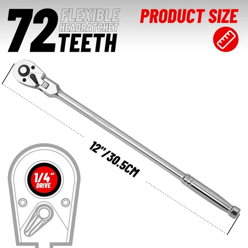 Miniatura 5 de Trinquete de cabeza flexible de 1/4 pulgadas, trinquete de cabeza giratoria de liberación rápida de 72 dientes - Mango largo de 12" (305mm)