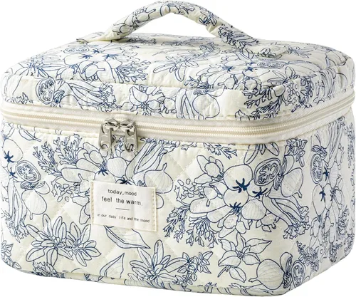 Miniatura 22 de HBselect Bolsa de Maquillaje Acolchada, Bolsa de Maquillaje Grande de Algodón para Viaje, Lindas Bolsas de Maquillaje con Flores Coquette, Bolsas