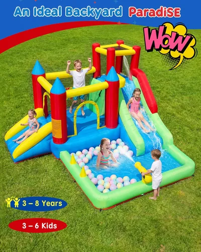Miniatura 2 de Casa de rebote para niños de 3-6 años, castillo inflable saltarín 9 en 1 con toboganes dobles, trampolín, pared de escalada, piscina de pelotas