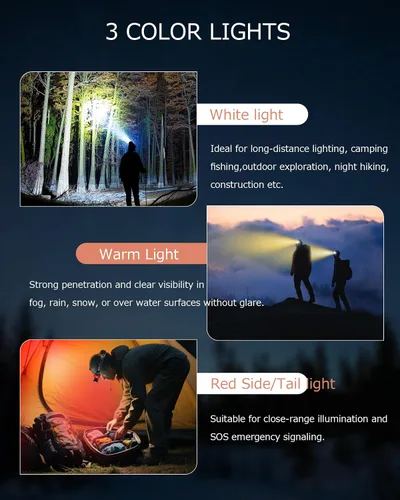 Miniatura 2 de Linterna frontal recargable con zoom y luz lateral roja, 4000LM con sensor de movimiento, luces de 3 colores, IP65, impermeable, 90°, ajustable