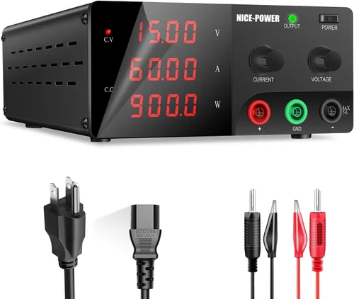 NICE-POWER Fuente de alimentación de CC variable, fuente de alimentación de banco de alta potencia de 15V 60A 900W con perilla de codificador,