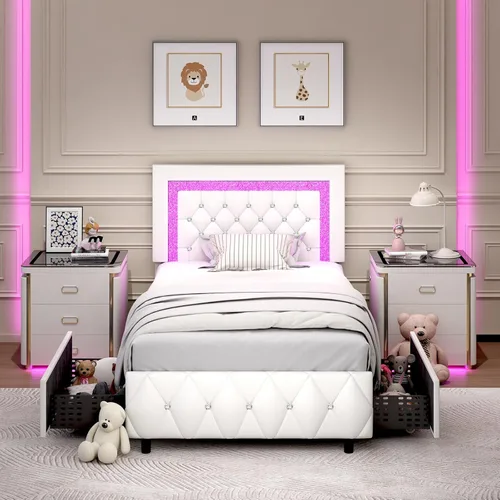 Miniatura 9 de Base de cama tamaño queen con luces LED, plataforma tapizada con cajones de almacenamiento, cama princesa con cabecera y cabecera de diamante,