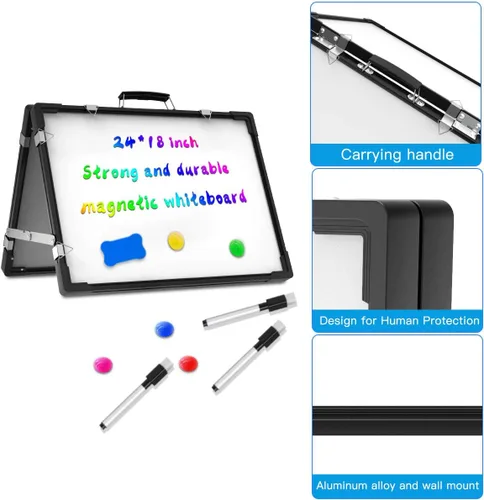 Miniatura 8 de Pizarra blanca de borrado en seco, pizarra blanca portátil de doble cara, soporte magnético plegable para colgar en la pared, caballete para niños