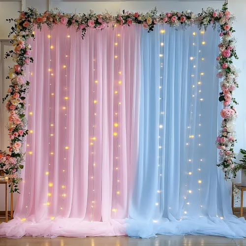 Miniatura 16 de Cortina de telón de fondo de tul negro de 10 x 10 pies con cadena de luces para fiestas, cortinas de fondo de fotos transparentes para bodas