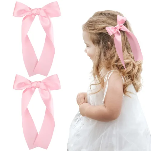Miniatura 15 de 2 piezas de lazos largos de cinta para niñas, clip de pelo de seda, lazo de cinta para el pelo, accesorios para el cabello para bebés, niños Azul