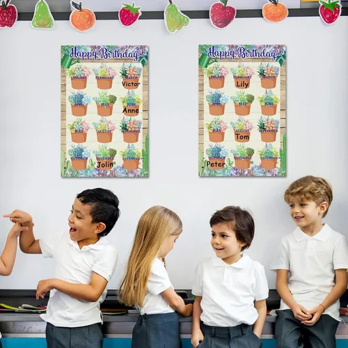 Miniatura 5 de Tabla de feliz cumpleaños para aula, 2 unidades, decoración de póster de cumpleaños de 17 x 12 pulgadas, recortes de calendario de suculentas