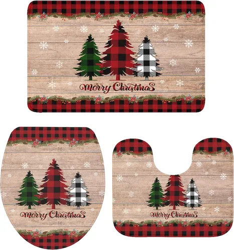 Miniatura 12 de Juego de 3 alfombras de baño de Feliz Navidad, diseño de muñeco de nieve, copo de nieve, gris nieve, absorbente, antideslizante, tapete