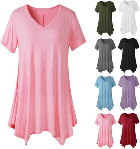 Miniatura 7 de Lindas camisetas de verano para mujer, suaves y fluidas, con cuello en V, manga corta, elegantes, casuales, con dobladillo irregular