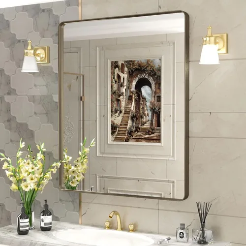 Miniatura 21 de Paquete de 2 espejos de baño con marco de metal negro de 22 x 30 pulgadas, espejo rectangular redondeado negro mate, antioxidante, se cuelga