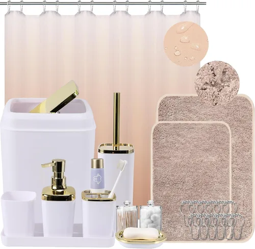 Miniatura 72 de XLHOMO - Juego de baño beige de plástico de 9 piezas, con basurero, dispensador de jabón, portacepillos de dientes, vaso, jabonera, cepillo