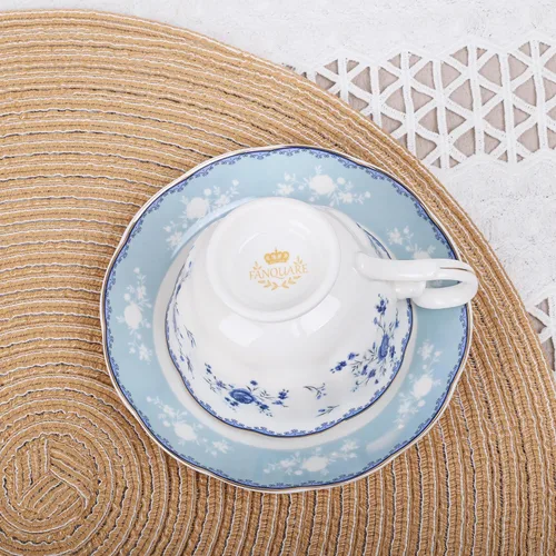 Miniatura 3 de fanquare - Juego de 6 tazas de té de rosa azul de 5 onzas, tazas de café de porcelana con borde dorado para fiesta en casa, tazas y platillos